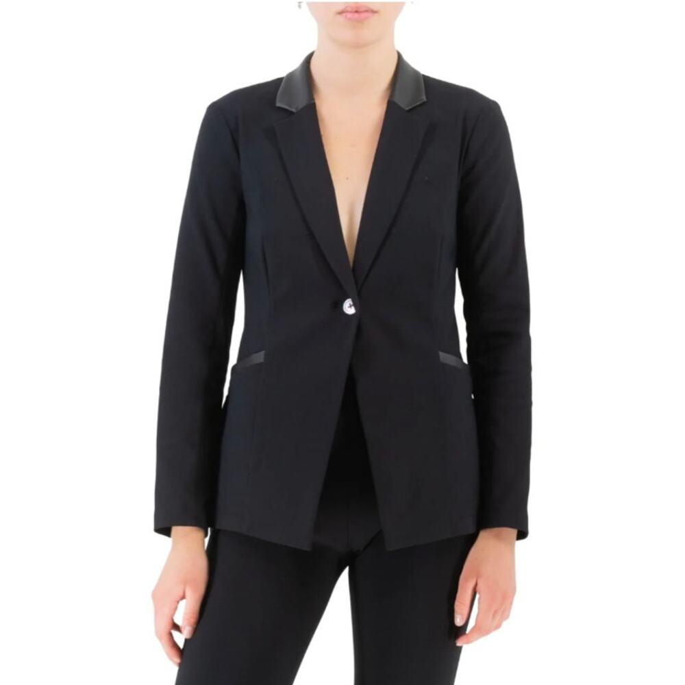 Elaine‎ Kim Tech Stretch Black Vegan Leather Trim Blazer
